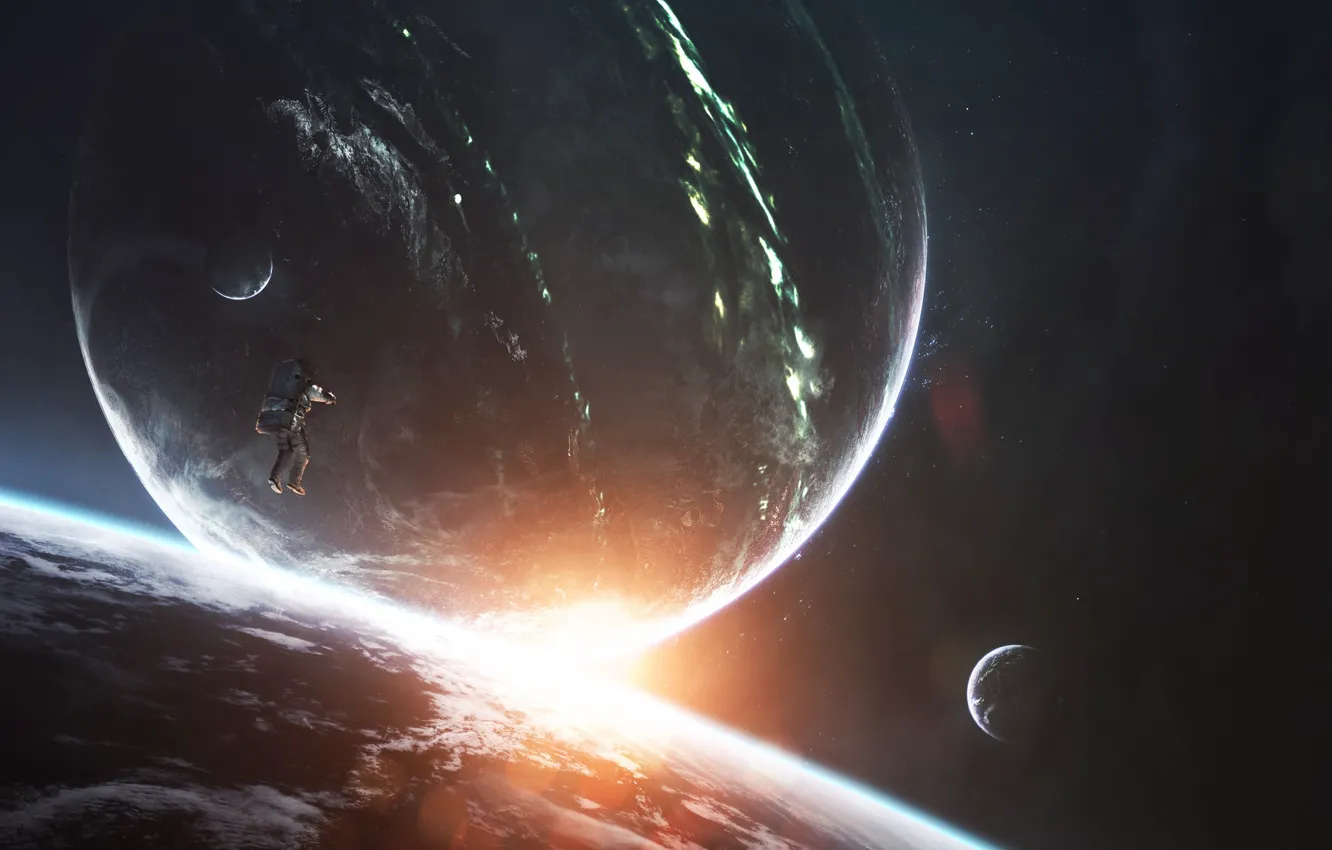 Фото обои солнце, космос, звезды, свет, пространство, рассвет, человек, планета