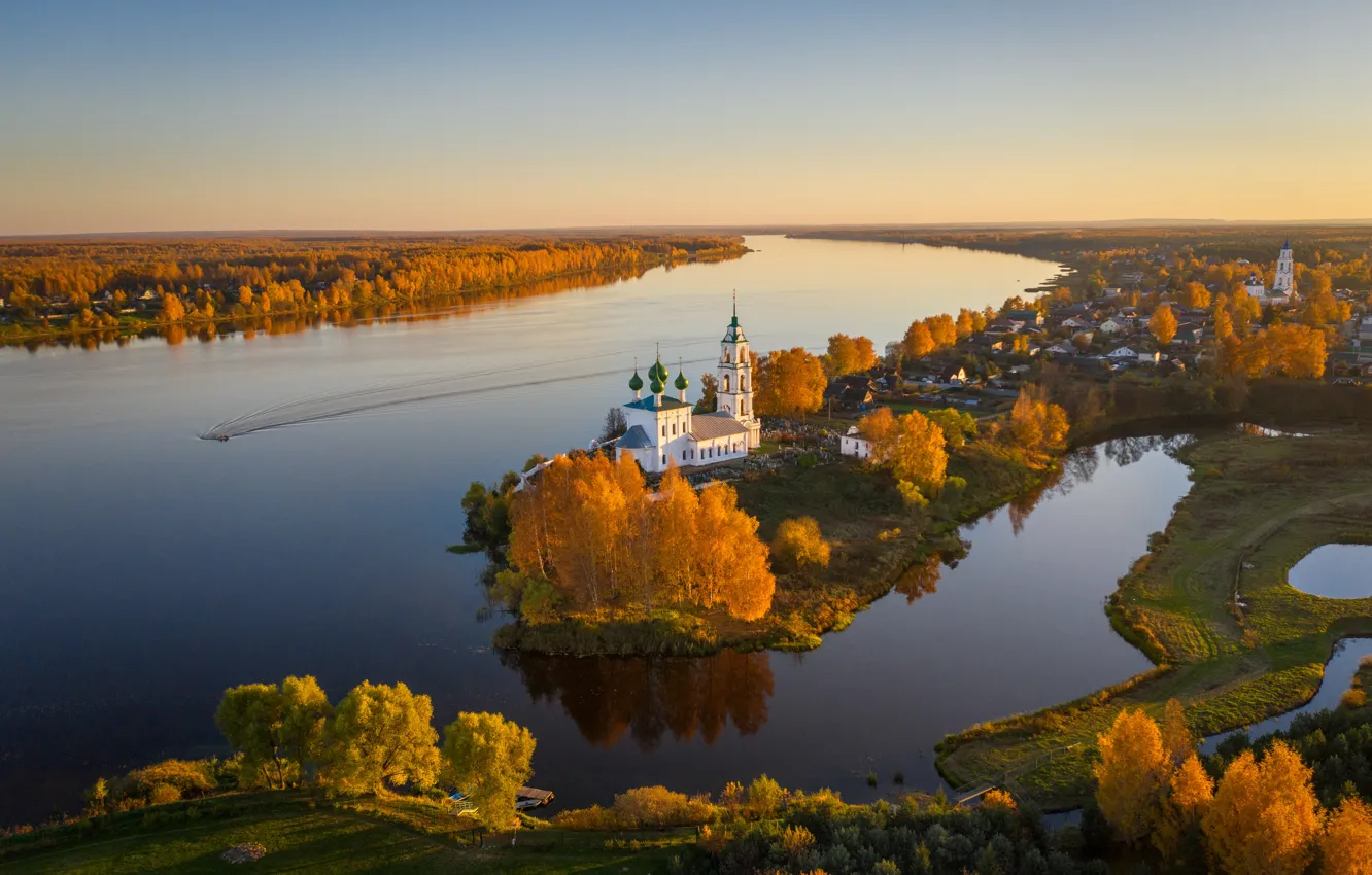 Фото обои осень, деревья, река, деревня, храм, Россия, Ярославская область, Алекс Римский