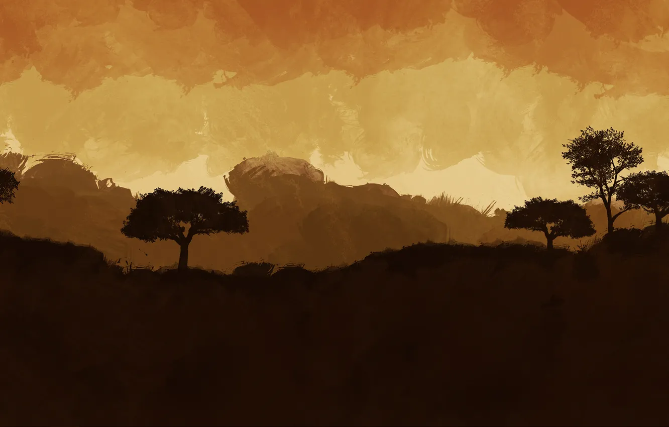 Фото обои деревья, закат, рисунок