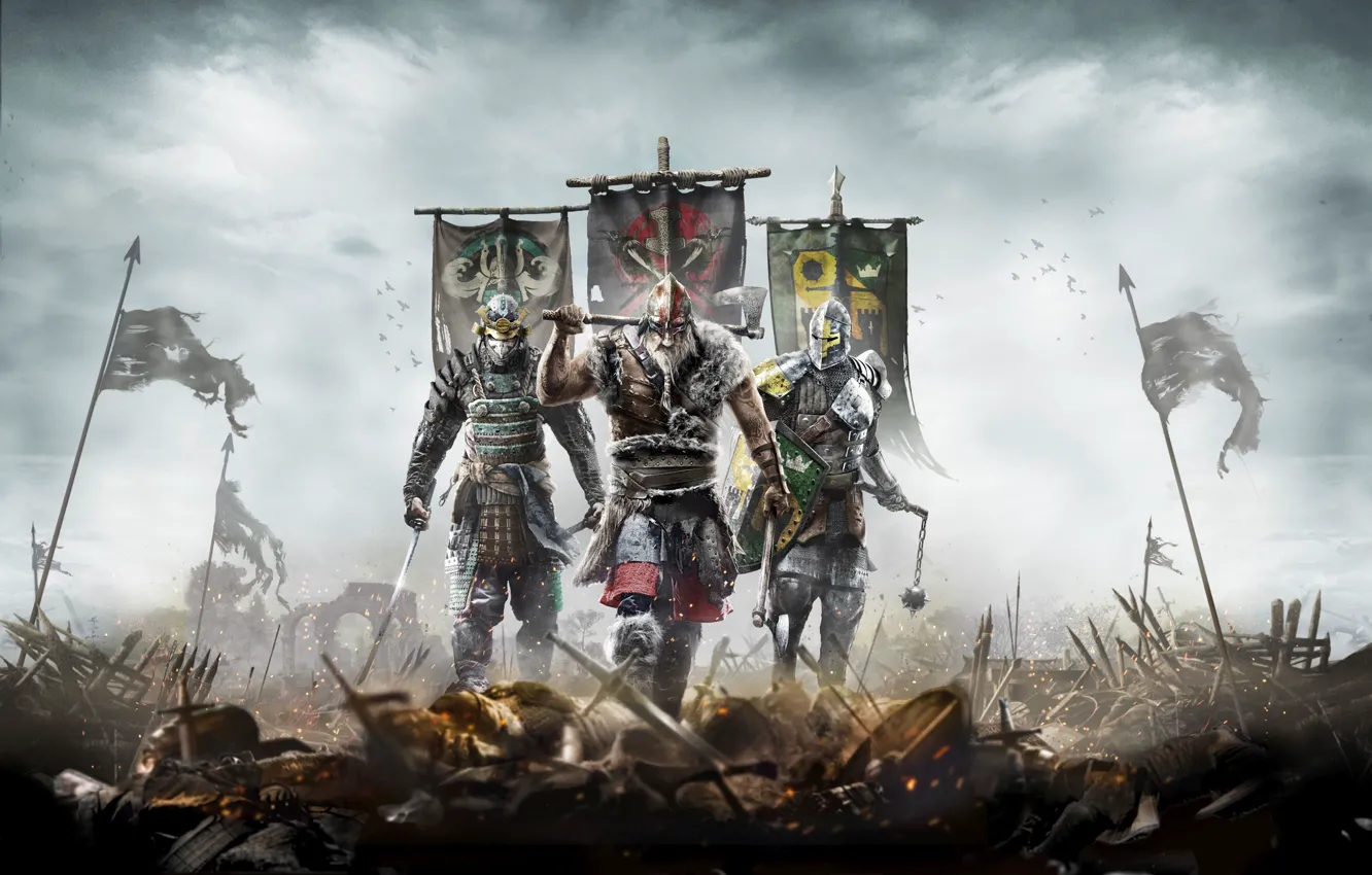 Фото обои доспехи, самурай, флаги, рыцарь, Ubisoft, викинг, For Honor