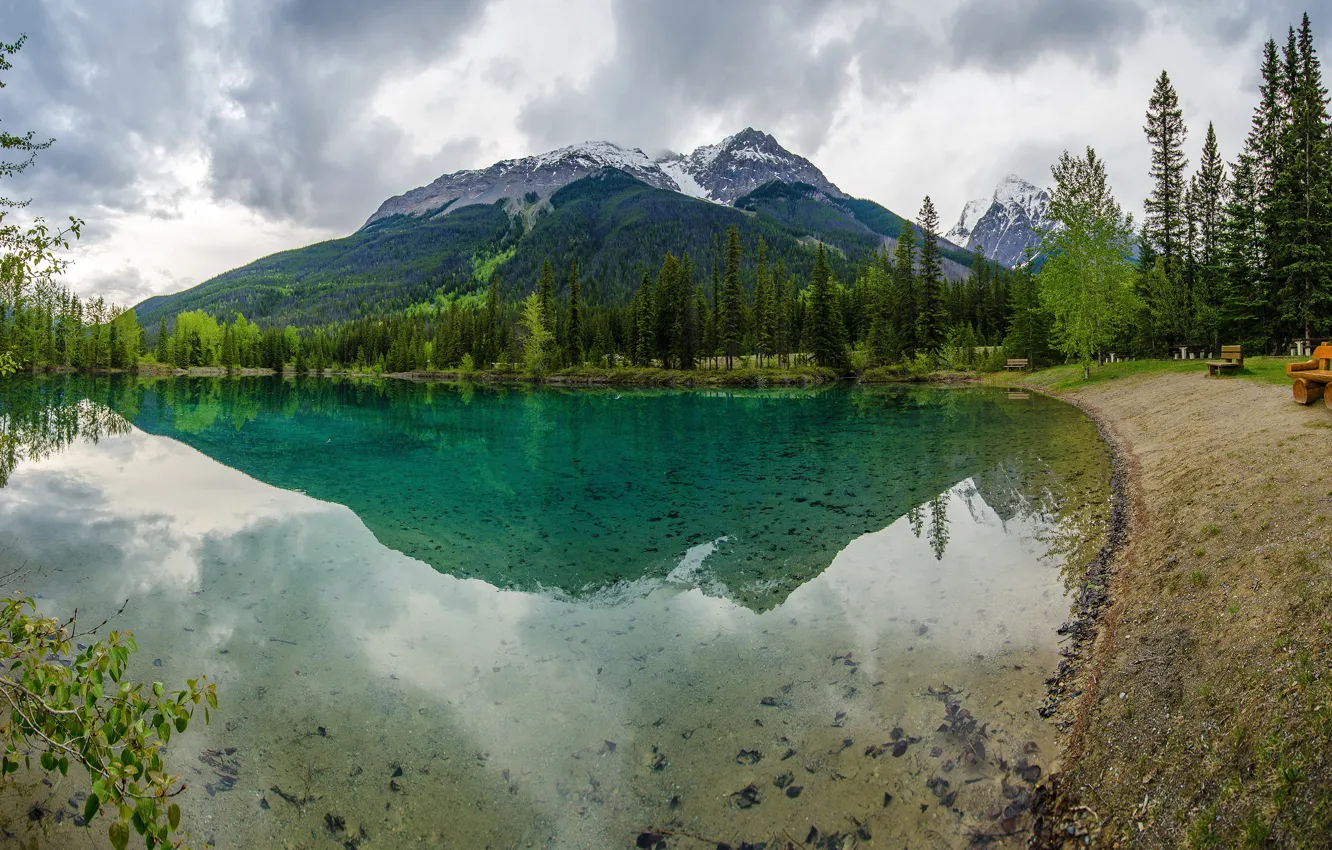 Фото обои лес, облака, деревья, горы, скамейка, природа, озеро