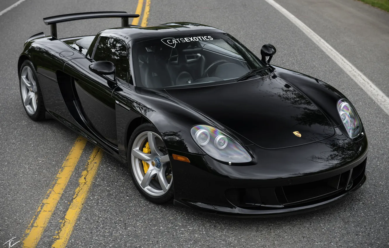 Фото обои дизайн, черный, Porsche, суперкар, вид спереди, Carrera GT