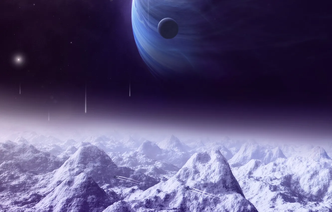 Фото обои lights, moon, mountains, planets, satellite, space ships, Sci Fi