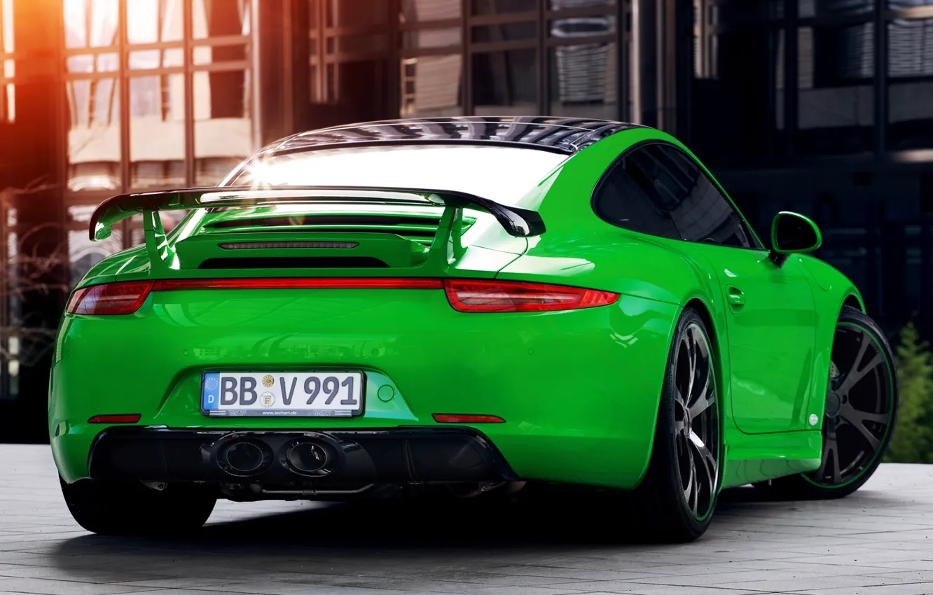 Фото обои 911, Porsche, зелёный, Порше, вид сзади, Carrera, Карерра, TechArt