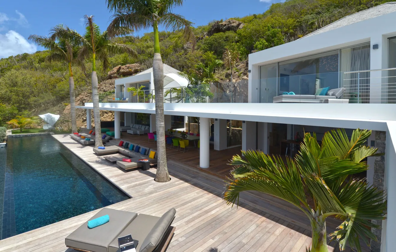 Фото обои пальмы, вилла, бассейн, архитектура, терраса, Anguilla, by Erea and Architectonik, гавань Густавии