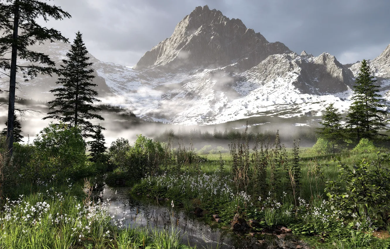 Фото обои горы, ручей, растительность, долина, Alpine landscape