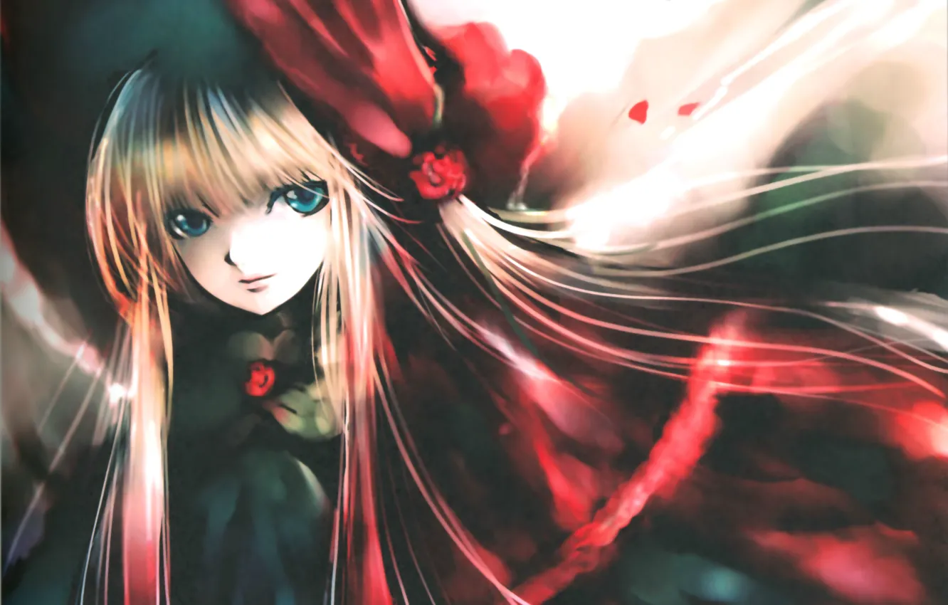 Фото обои голубые глаза, rozen maiden, накидка, art, shinku, девы розена, капор, peach-pin