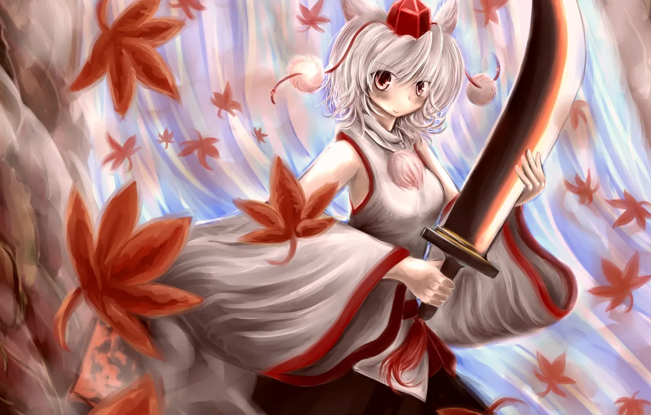 Фото обои листья, девушка, оружие, меч, арт, touhou, inubashiri momiji, momen102