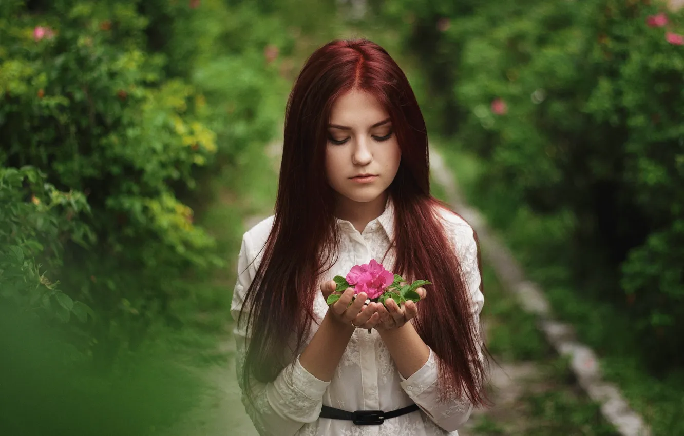 Фото обои зелень, лес, цветок, лето, девушка, природа, настроение, милая