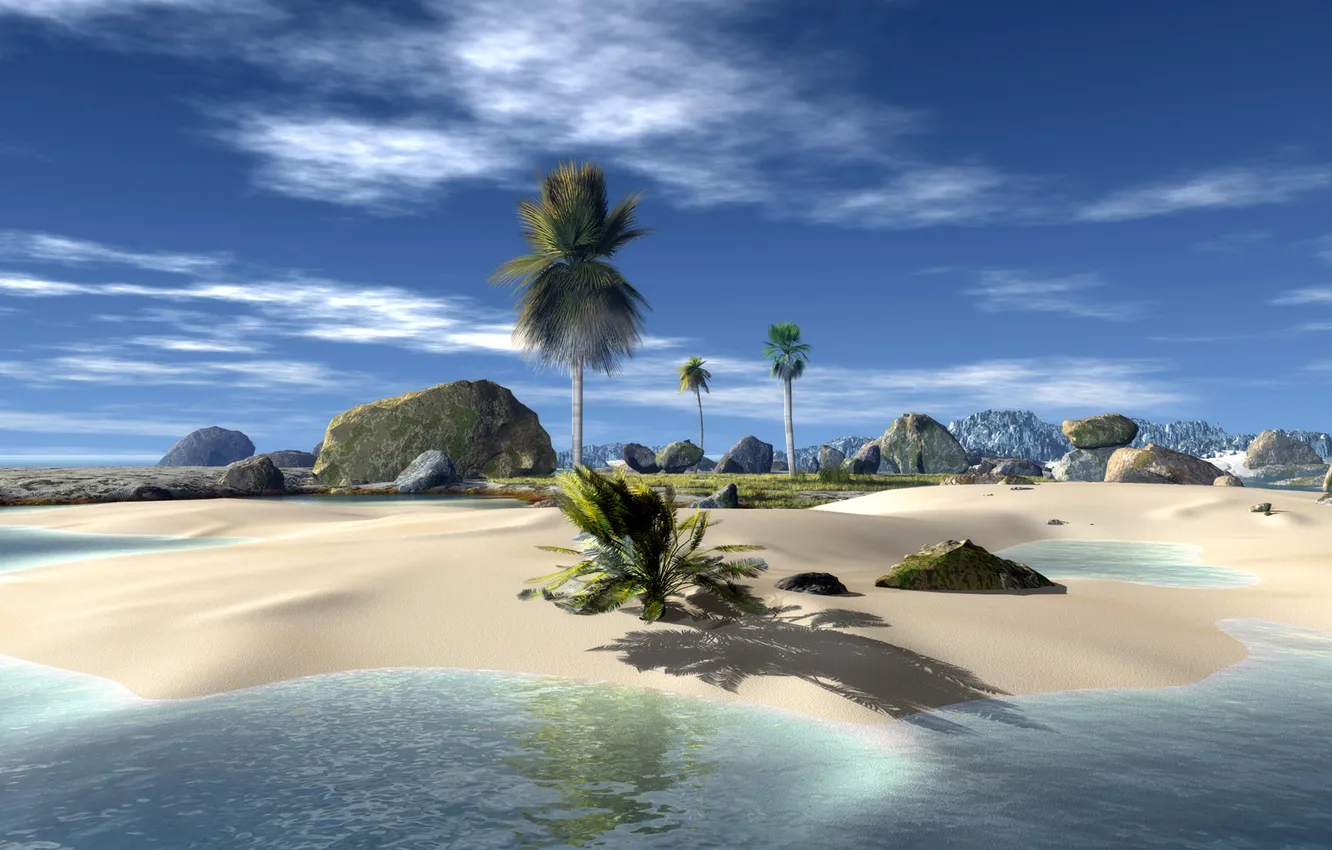 Фото обои песок, море, небо, облака, пальма, камни, остров