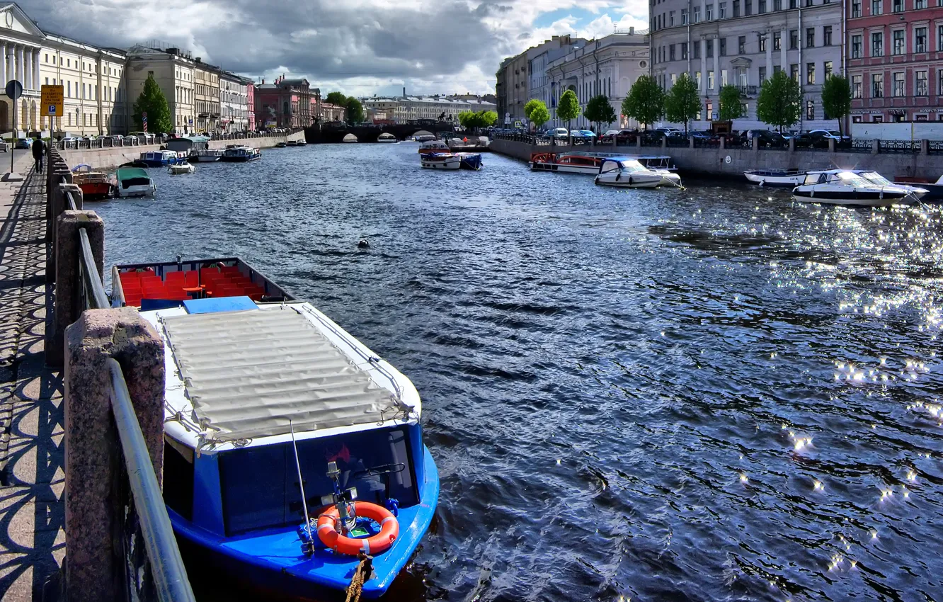 Фото обои блики, река, Солнце, лодки, Санкт-Петербург, Фонтанка