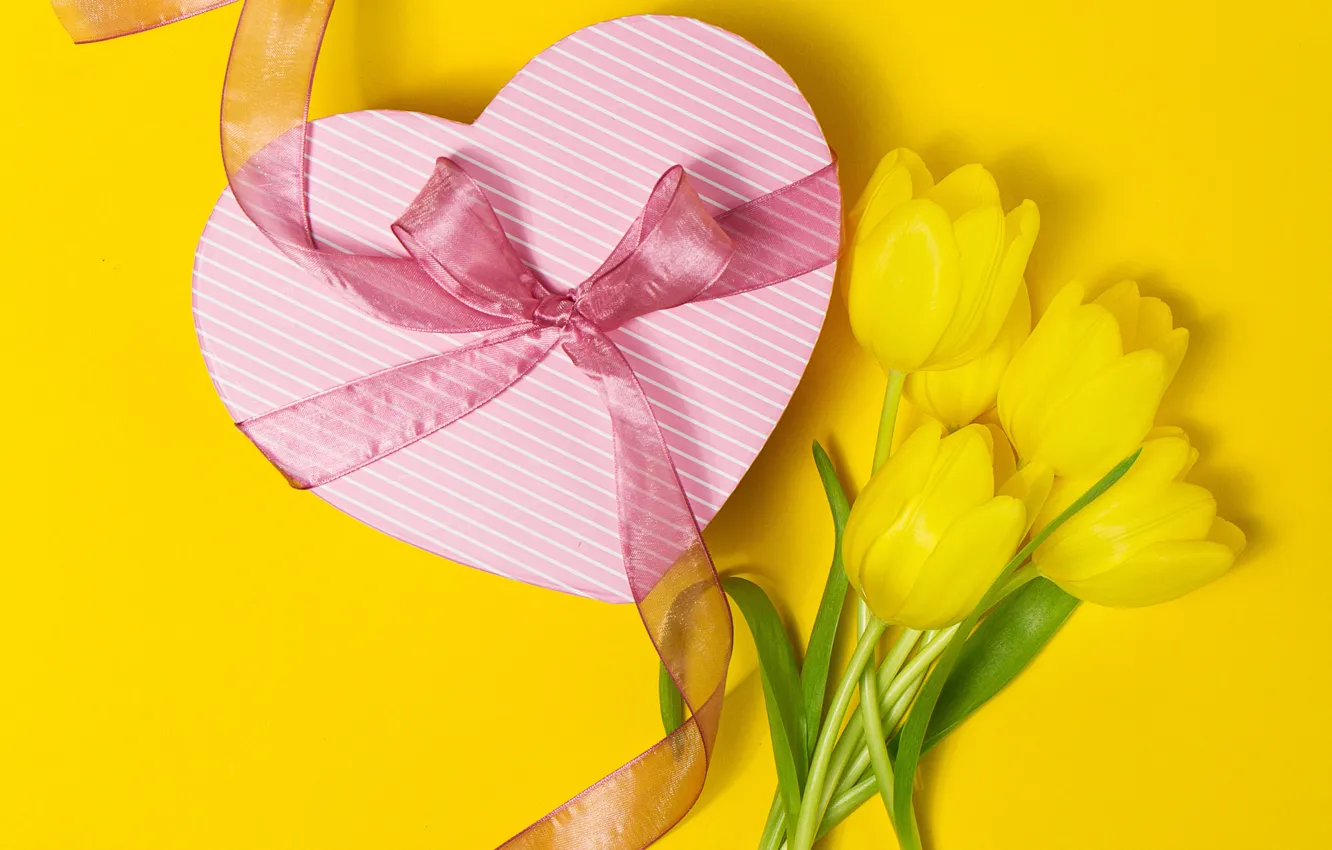 Фото обои цветы, фон, подарок, букет, лента, желтые тюльпаны, Valeria Aksakova