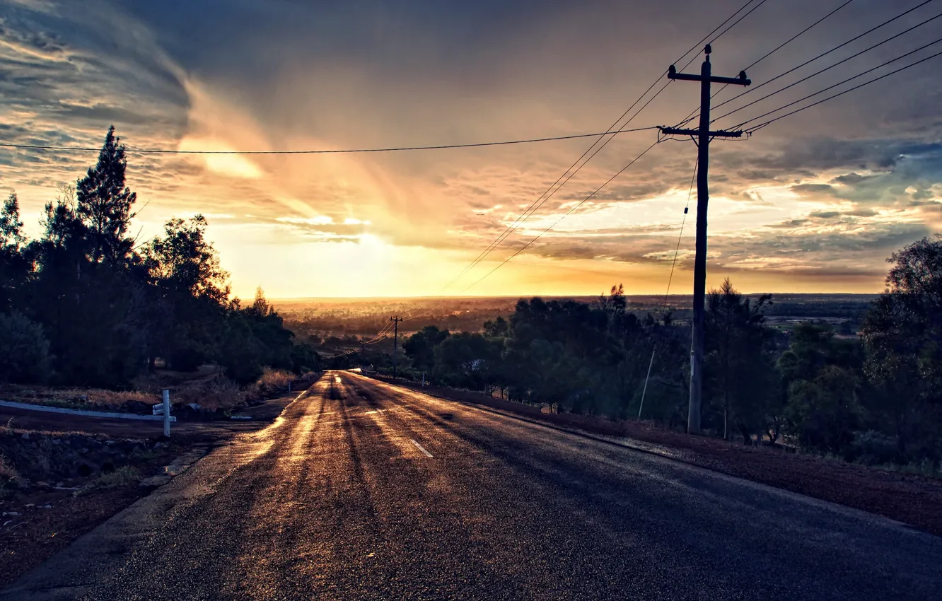 Фото обои дорога, пейзаж, закат