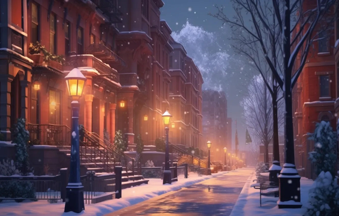Фото обои зима, снег, ночь, улица, новый год, Рождество, фонари, Christmas