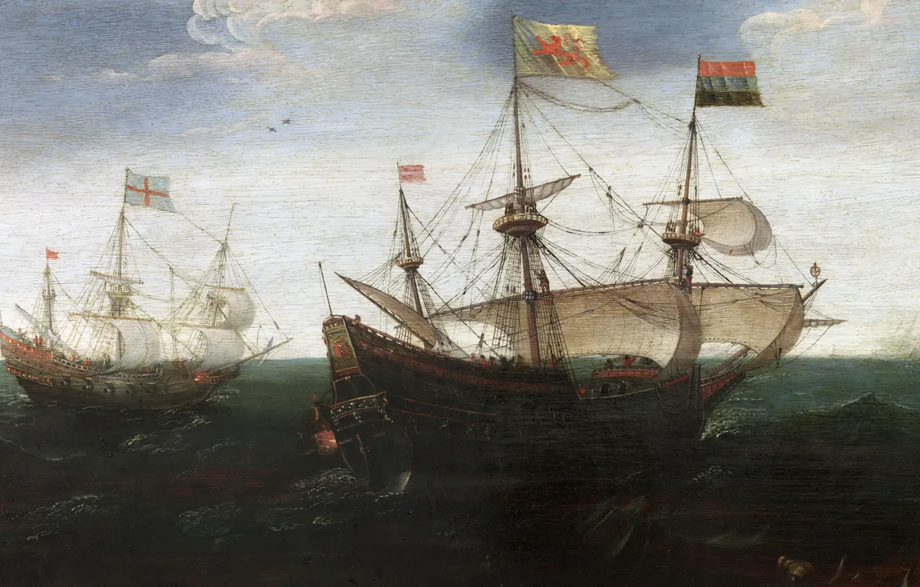 Фото обои корабль, картина, флаг, парус, морской пейзаж, Морской Бой, Aert Anthonisz Anthonissen