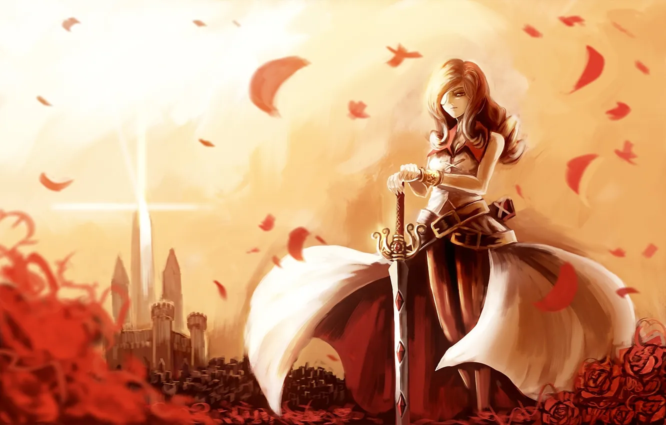 Фото обои грусть, девушка, оружие, замок, меч, лепестки, арт, повязка