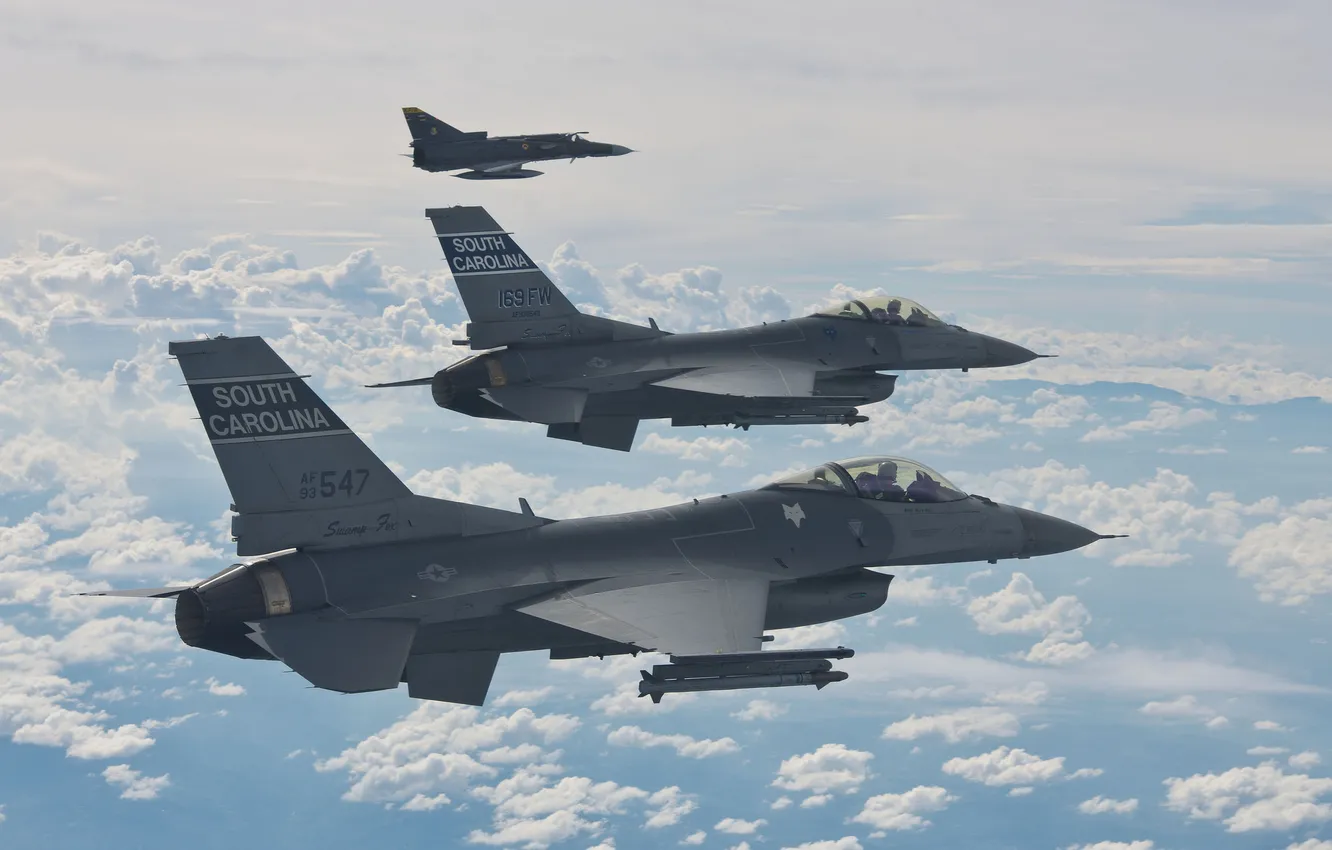 Фото обои истребители, пара, полёт, F-16, Fighting Falcon, «Файтинг Фалкон»