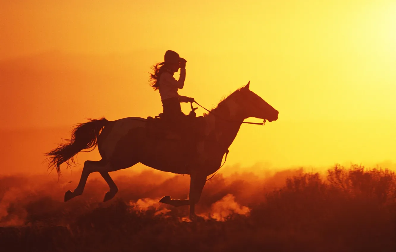 Фото обои девушка, лошадь, вечер, шляпа, галоп, Ковбои