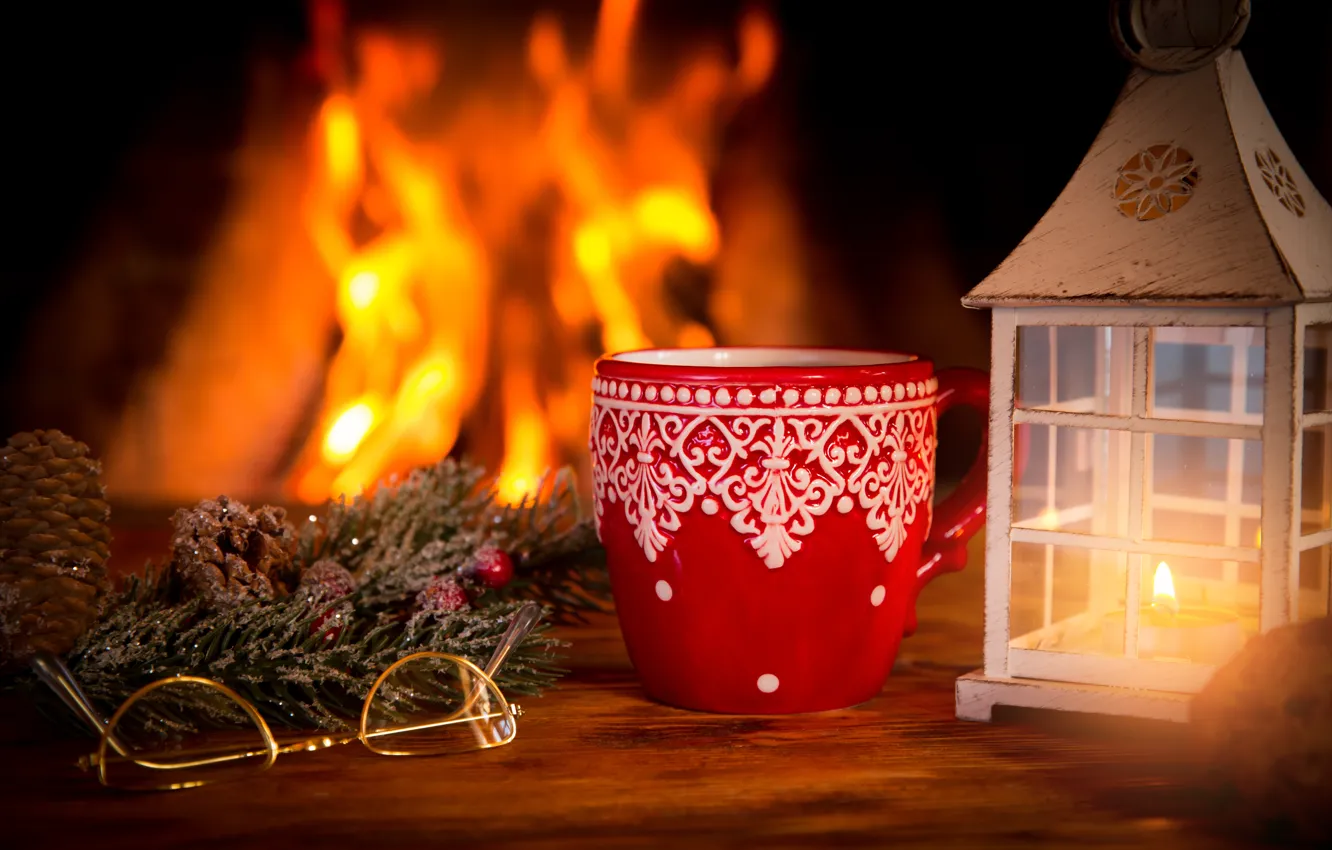 Фото обои украшения, Новый Год, Рождество, fire, камин, Christmas, cup, Xmas