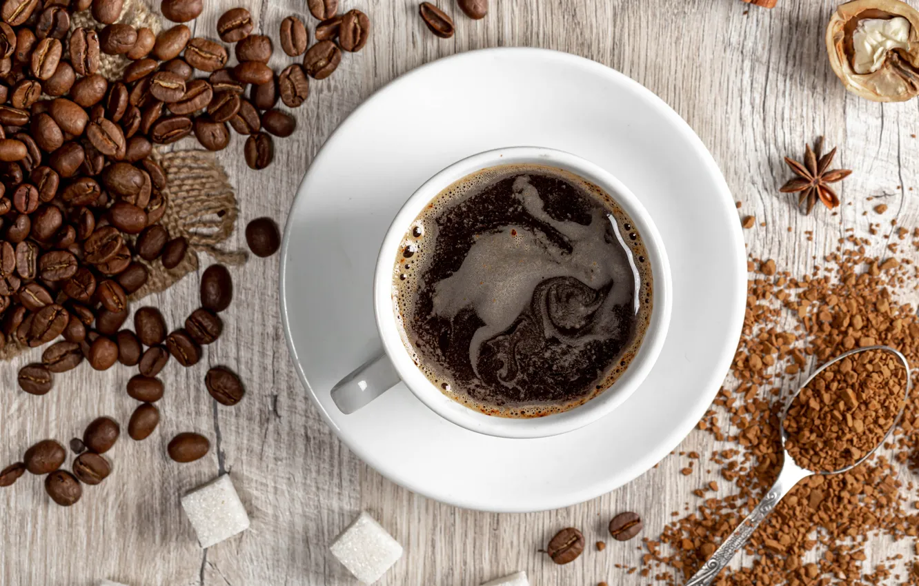 Фото обои кофе, ложка, кружка, чашка, сахар, кофейные зёрна