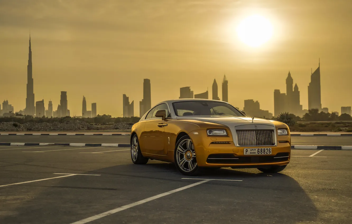 Фото обои Rolls-Royce, Car, Dubai, Gold, Luxury, Wraith, Cityscape