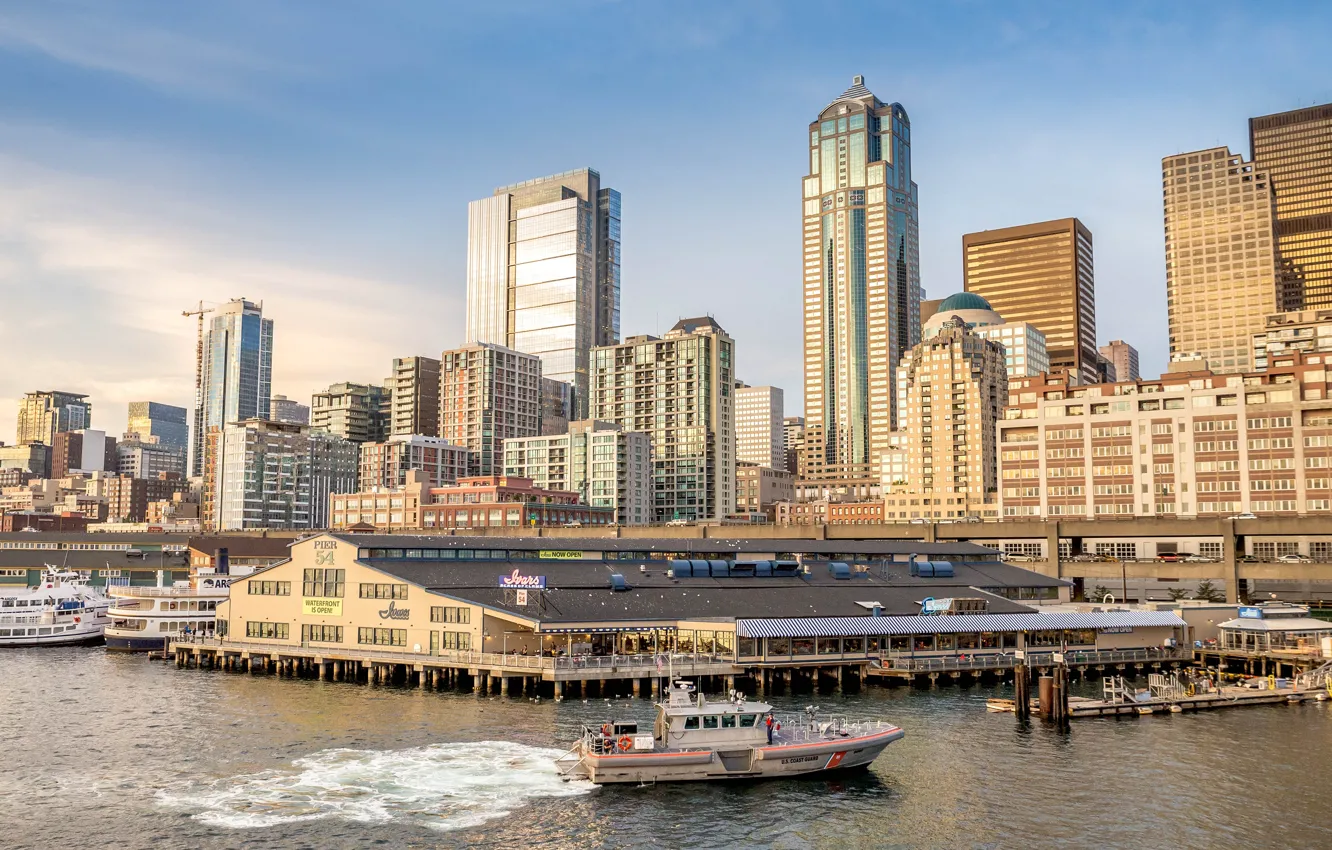 Фото обои река, небоскребы, Сиэтл, USA, США, Seattle