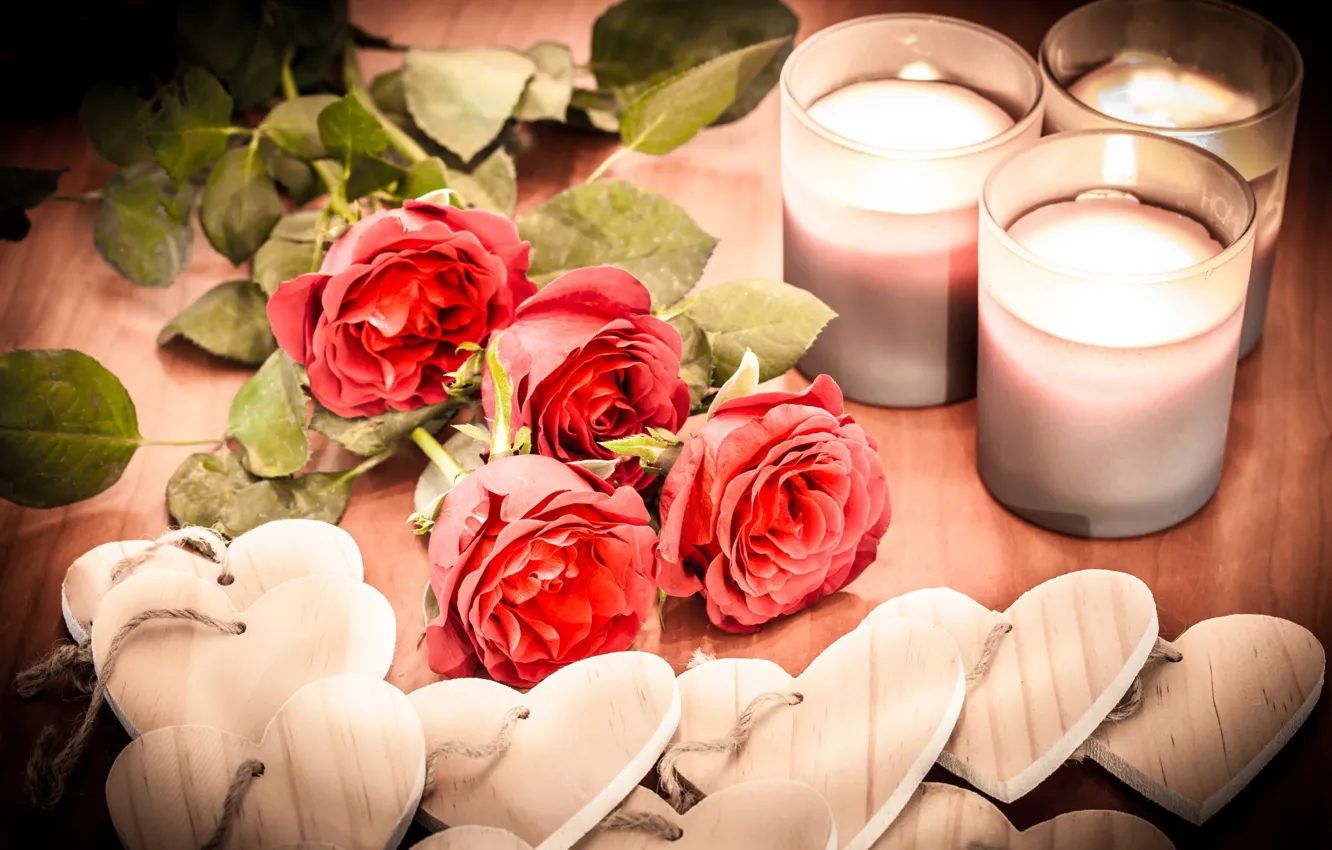 Фото обои цветы, розы, свечи, сердечки, фигурки