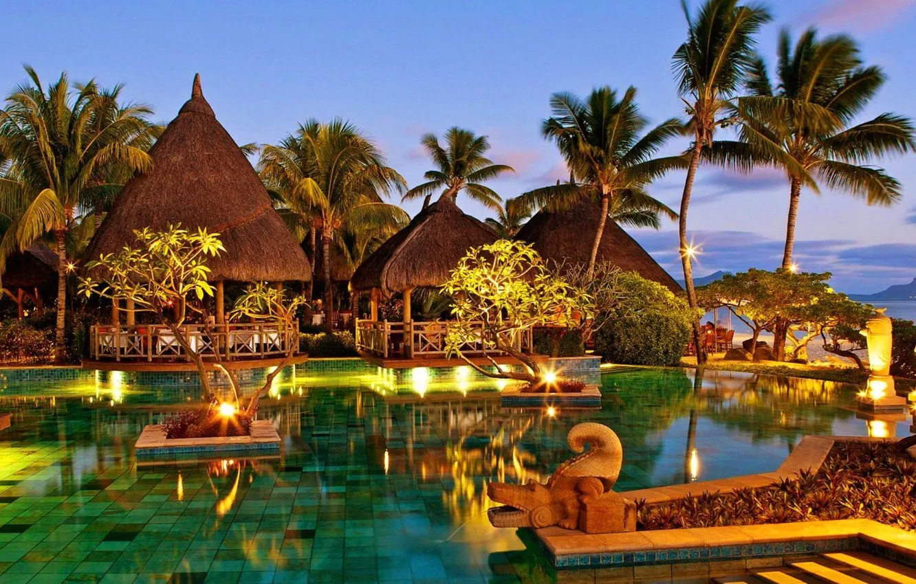 Фото обои вечер, бассейн, курорт, resort, Mauritius, restaurant, Magnificent