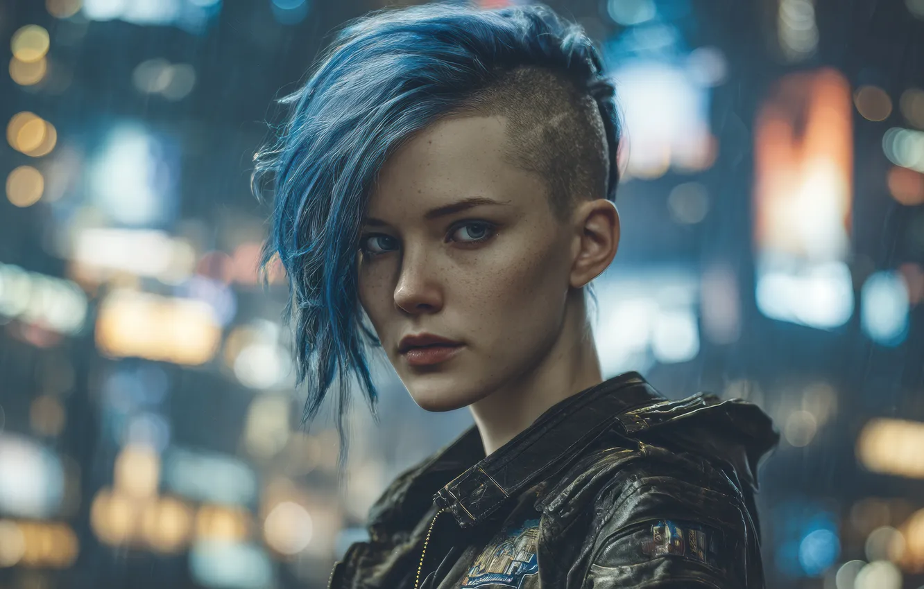 Фото обои short hair, cyberpunk, women, leather jacket, blue hair, AI art, side shave