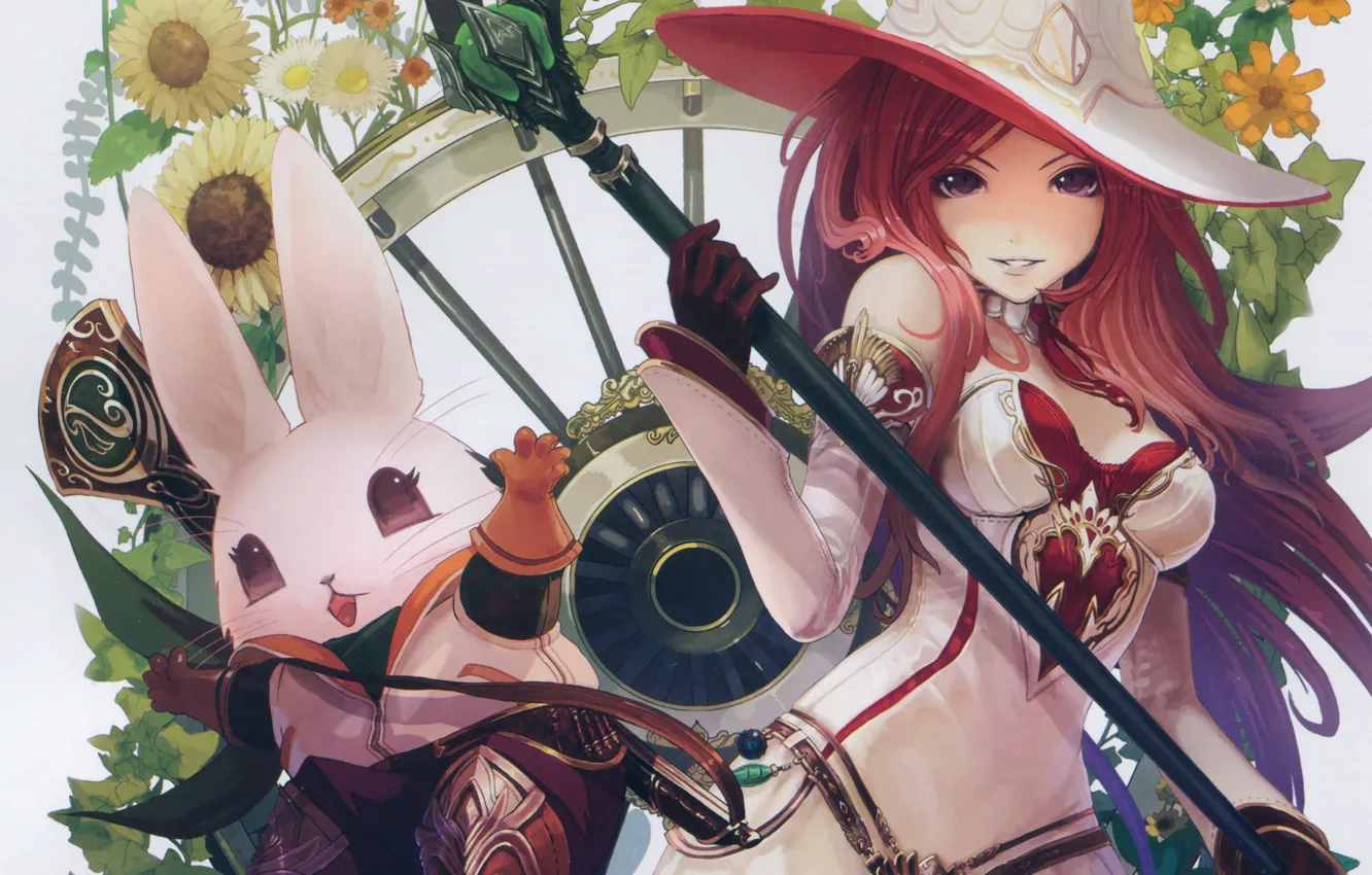 Фото обои девушка, цветы, улыбка, заяц, шляпа, аниме, арт, посох