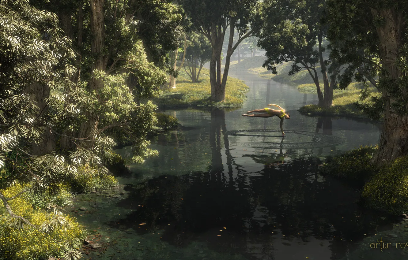 Фото обои лес, купальник, вода, девушка, деревья, круги, рука, арт