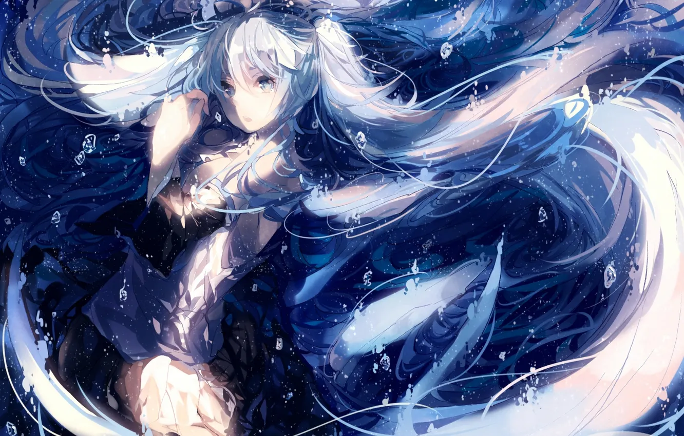 Фото обои девушка, пузыри, аниме, арт, vocaloid, hatsune miku, под водой