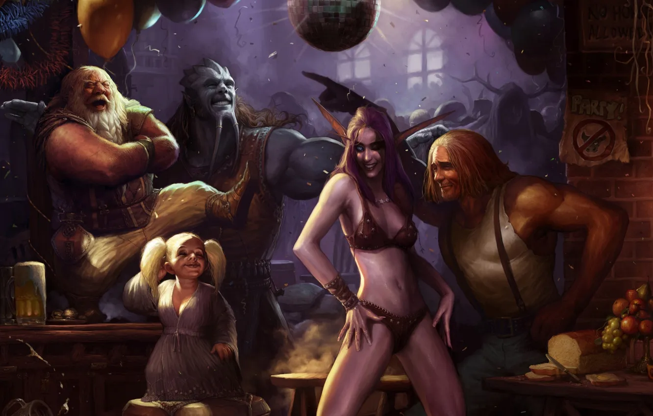 Фото обои шар, смех, диско, бар, World of Warcraft, эльфийка, вечеринка, гном