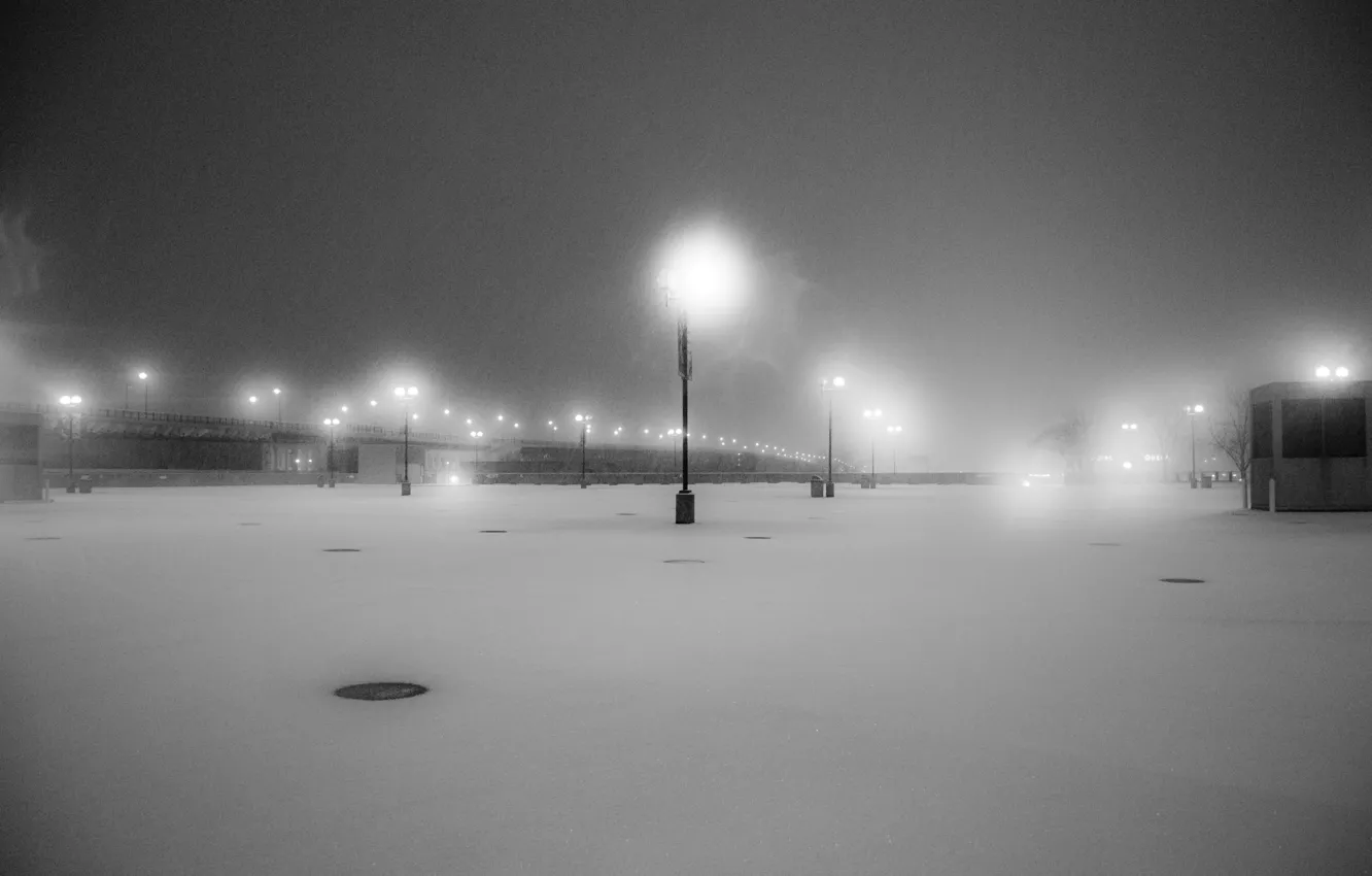 Фото обои снег, ч/б, фонари