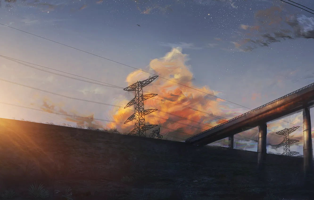 Фото обои небо, вода, девушка, мост, велосипед, лэп