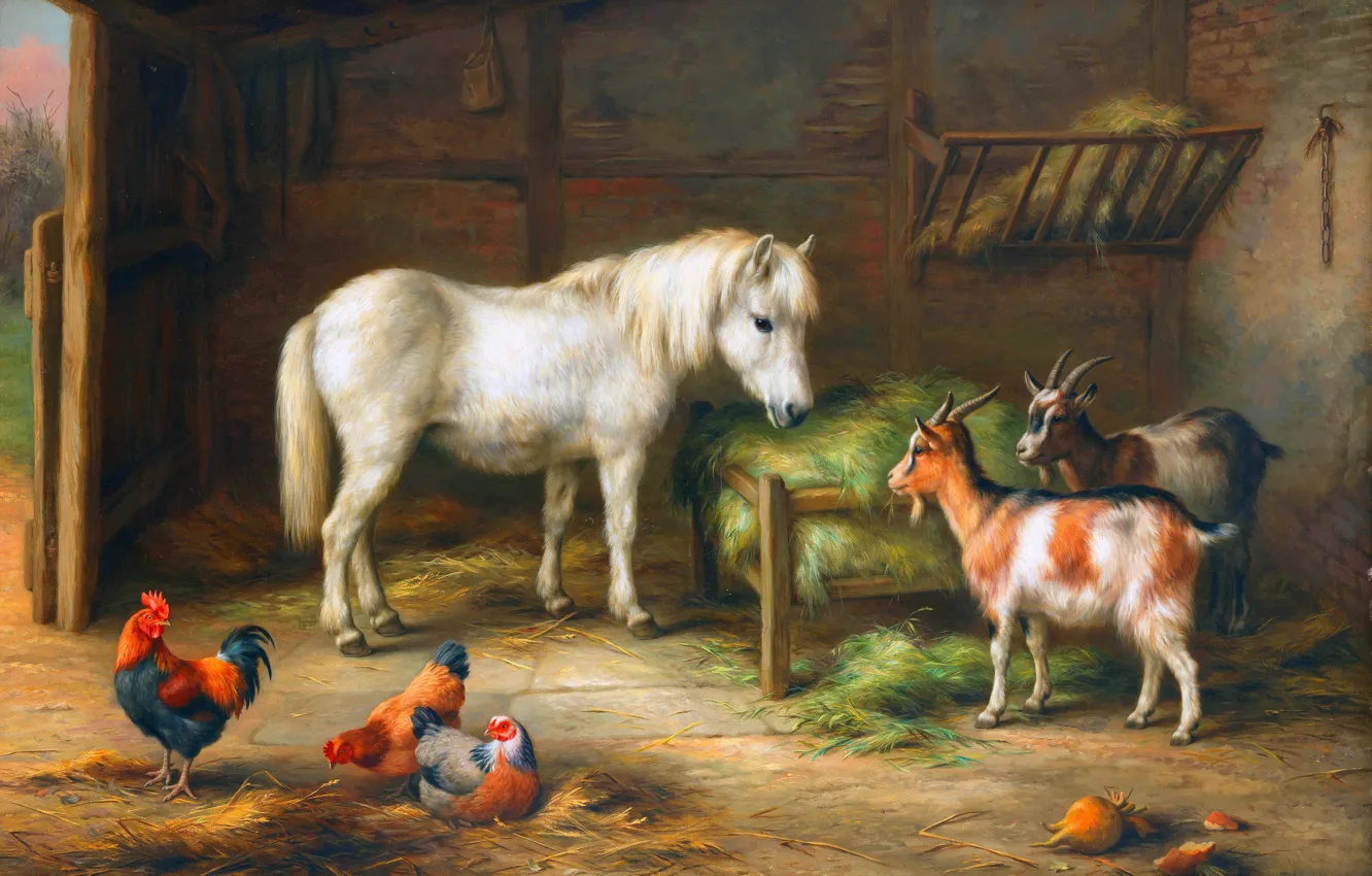 Фото обои Лошадь, Картина, Петух, Козы, Edgar Hunt, Эдгар Хант, Товарищи по хозяйству, Британский художник-анималист