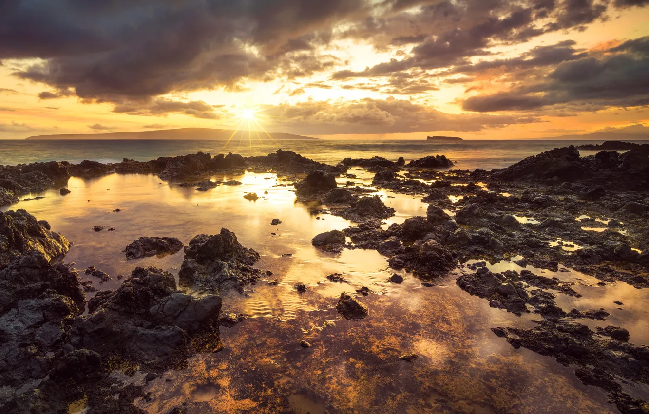 Фото обои закат, берег, Гавайи, Makena Cove
