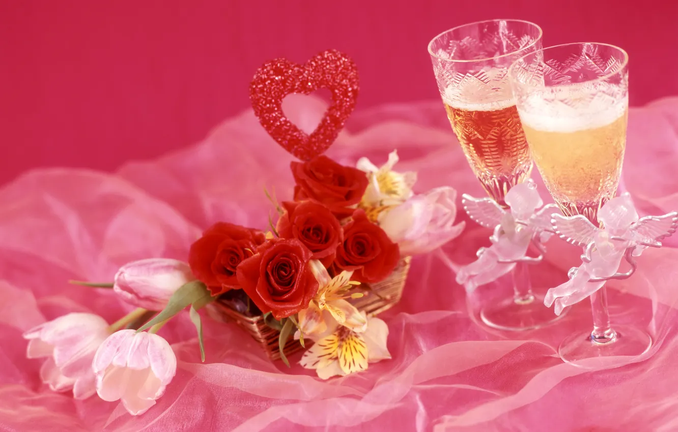 Фото обои вино, розы, бокалы, тюльпаны, шампанское, альстрёмерия