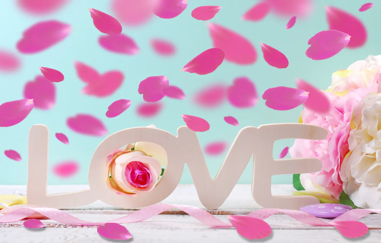 Фото обои розы, сердечки, love, heart, pink, flowers, romantic, petals