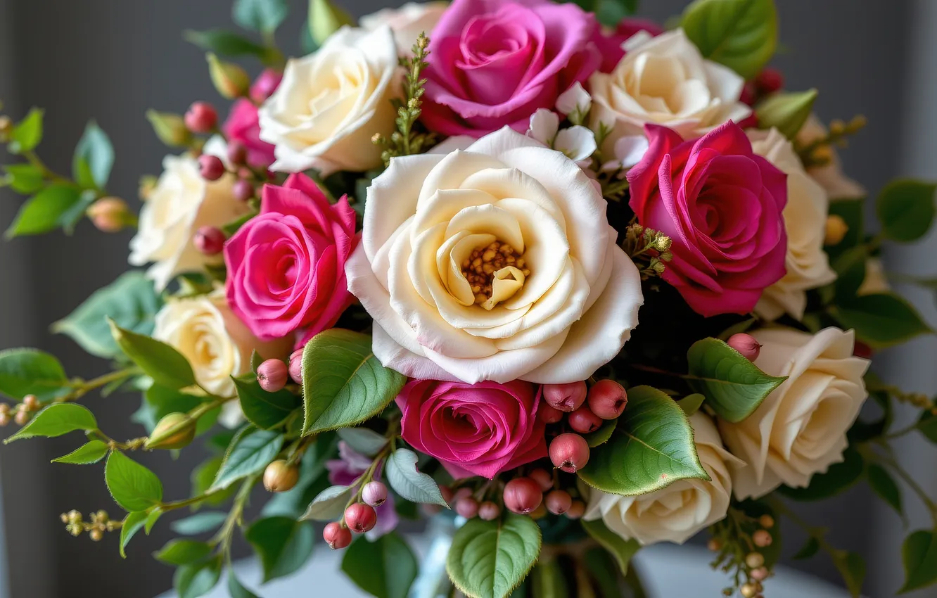 Фото обои листья, цветы, розы, букет, розовые, белые, ИИ-арт, НЕЙРОСЕТЬ