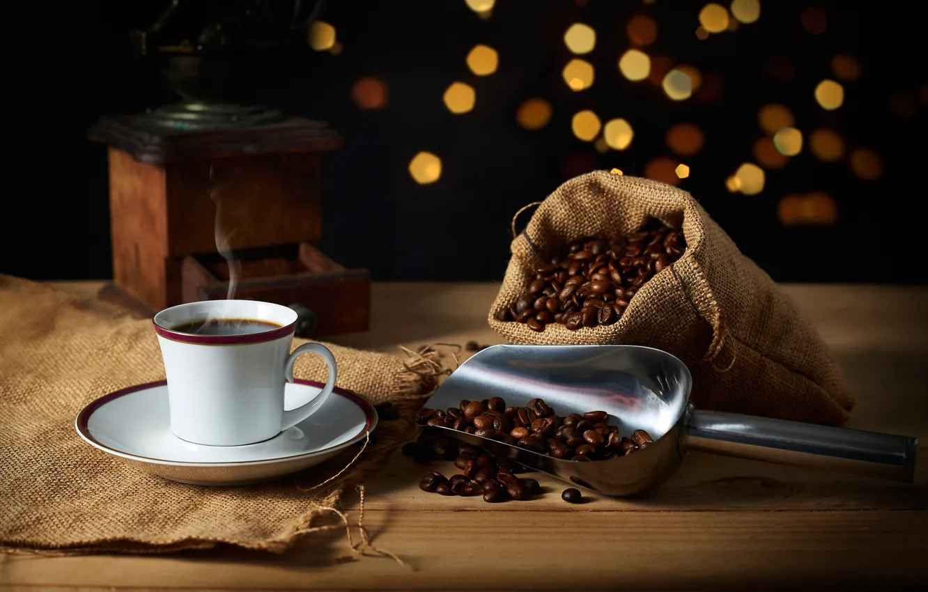Фото обои кофе, чашка, натюрморт, мешковина, кофейные зёрна, мешочек, кофемолка, совок