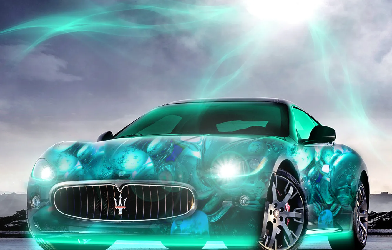 Фото обои солнце, свет, фары, Maserati, неон, яркость, 2880x1800, voiture