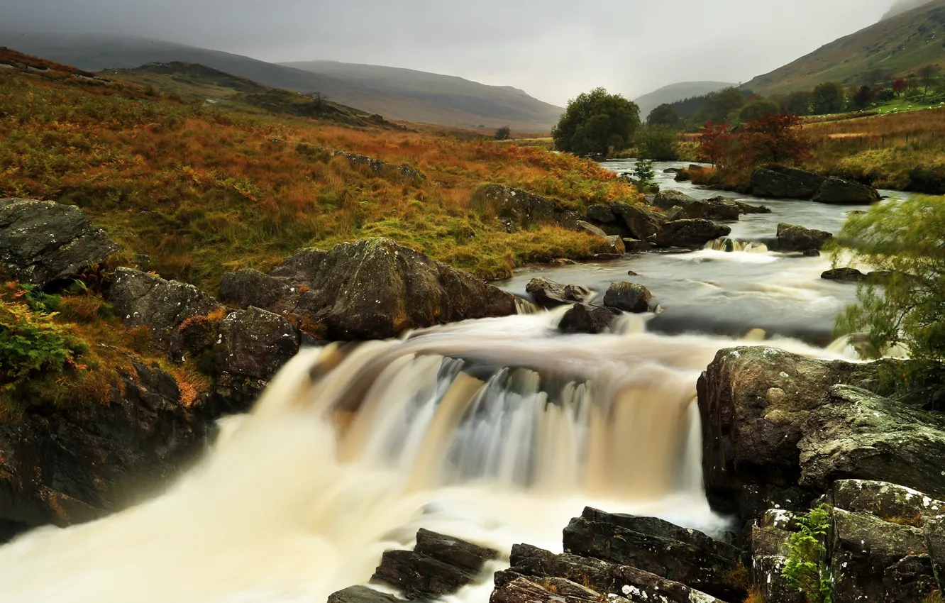 Фото обои осень, трава, река, камни, холмы, поток