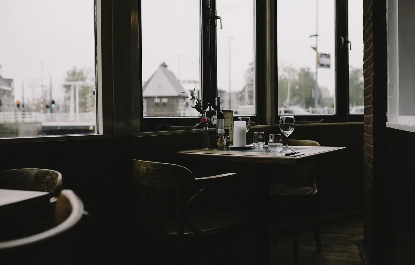 Фото обои windows, glass, wine, fork, knife, candle, restaurant, wine glass