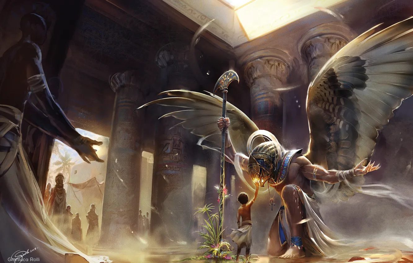 Фото обои бог, крылья, мальчик, колонны, храм, Египет, wings, Egypt