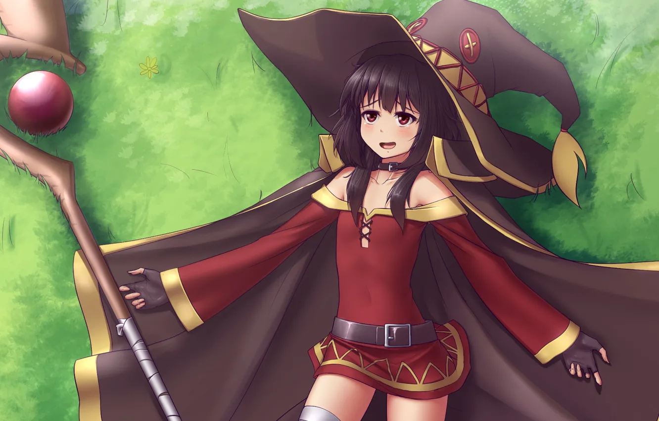 Фото обои девушка, шляпа, маг, посох, anime, art, Kono Subarashii Sekai ni Shukufuku wo, Megumin