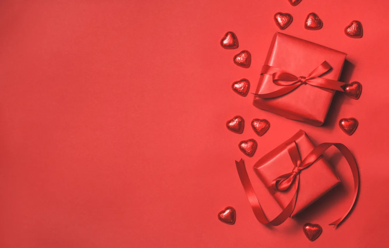 Фото обои красный, фон, праздник, Love, лента, подарки, сердечки, red