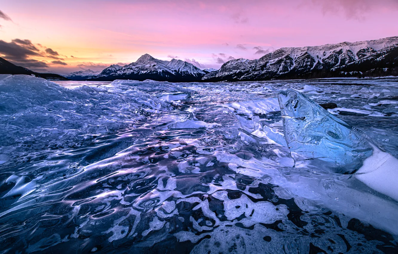 Фото обои зима, закат, горы, лёд, Канада, Альберта, Alberta, Canada