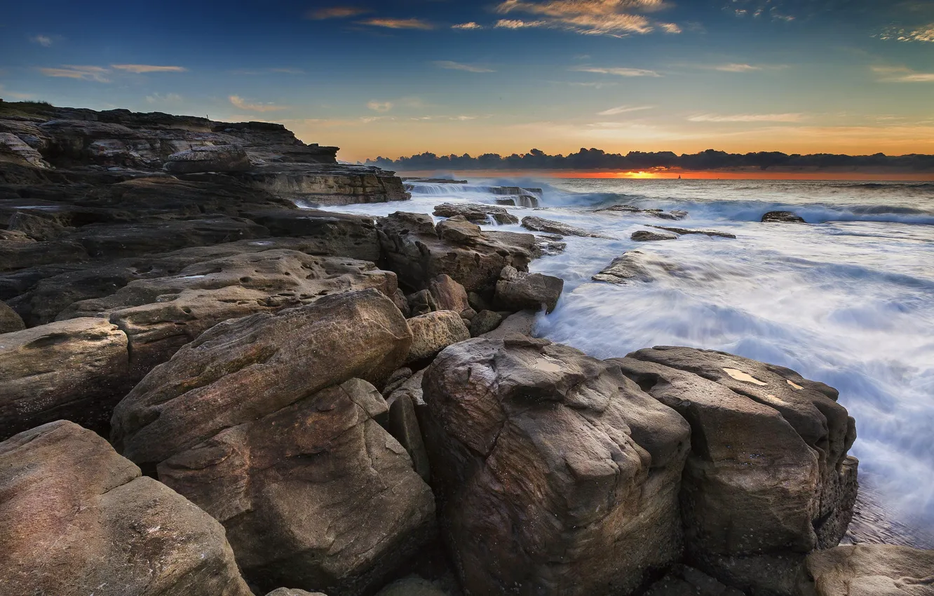 Фото обои океан, скалы, рассвет, берег