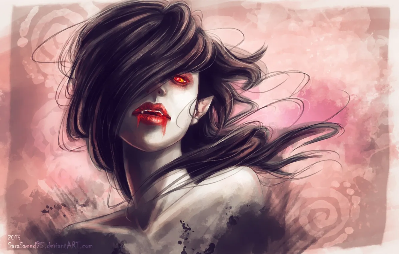 Фото обои кровь, арт, клыки, вампир, нарисованная девушка